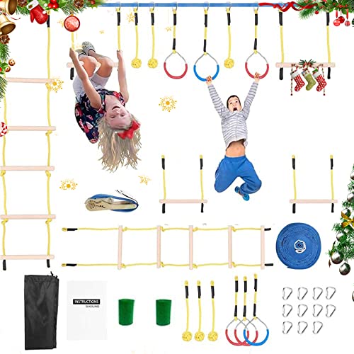 Ninja Warrior - Kit de entrenamiento de obstáculos para niños, TOPQSC de 12 m, para colgar obstáculos, juego de entrenamiento para niños, anillos ninjlina, cabañas de mono, escalera de cuerda