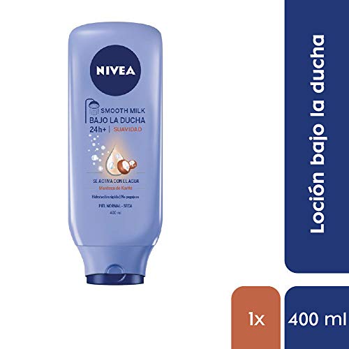 NIVEA Bajo la Ducha Smooth Milk (1 x 400 ml) leche corporal para la ducha, hidratante con manteca de karité para el cuidado de la piel seca y normal (4005900007971)