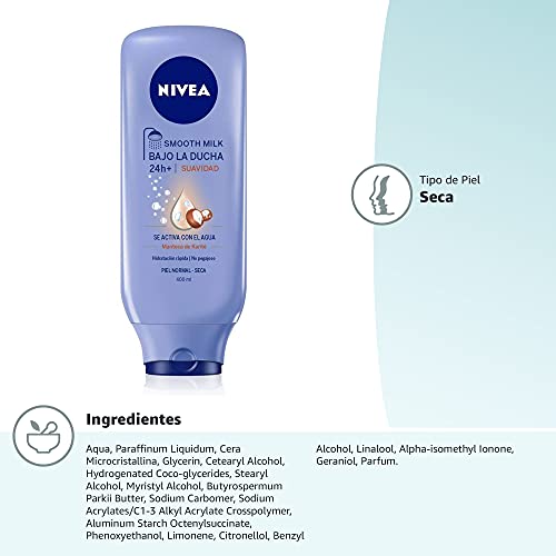 NIVEA Bajo la Ducha Smooth Milk (1 x 400 ml) leche corporal para la ducha, hidratante con manteca de karité para el cuidado de la piel seca y normal (4005900007971)