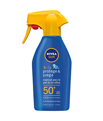 NIVEA SUN Spray Solar Niños Protege & Juega FP50+ (1 x 300 ml), pistola spray solar hidratante resistente al agua, protector solar infantil, protección solar muy alta