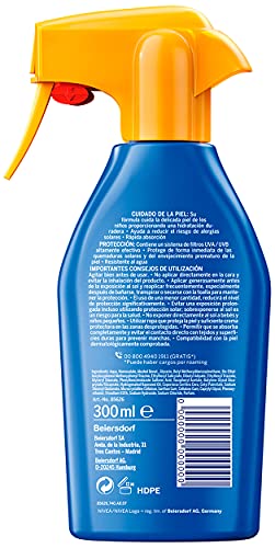 NIVEA SUN Spray Solar Niños Protege & Juega FP50+ (1 x 300 ml), pistola spray solar hidratante resistente al agua, protector solar infantil, protección solar muy alta