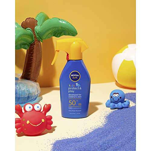 NIVEA SUN Spray Solar Niños Protege & Juega FP50+ (1 x 300 ml), pistola spray solar hidratante resistente al agua, protector solar infantil, protección solar muy alta