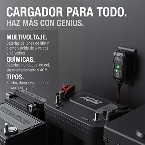 NOCO GENIUS1EU, 1A cargador de batería automático inteligente portátil de 6V y 12V, mantenedor de batería y desulfador para moto, scooter, auto, camión y caravana