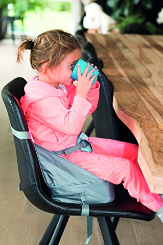 Nuby Booster Seat- Alzador de Viaje Plegable, Bolsa de Viaje que Se Convierte en Asiento Elevador con Espacio para Botellas y Más,- Puede Soportar Más de 20 Kg, Hasta 22.7 Kg, Color Gris, 9M+