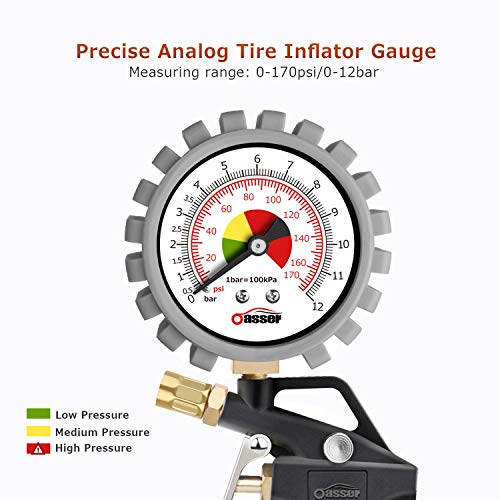 oasser Manómetro Presión Neumáticos 0-12bar Manómetro Inflador Neumáticos para Compresor Medidor Presión Neumáticos Profesional Portátil para Ruedas de Coche Moto Bicicleta y Camión 0-170psi P5A