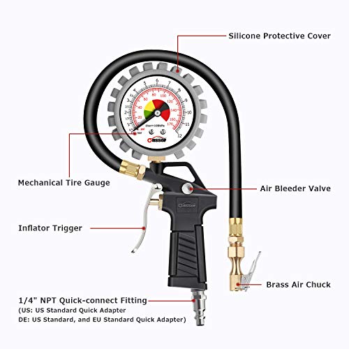 oasser Manómetro Presión Neumáticos 0-12bar Manómetro Inflador Neumáticos para Compresor Medidor Presión Neumáticos Profesional Portátil para Ruedas de Coche Moto Bicicleta y Camión 0-170psi P5A