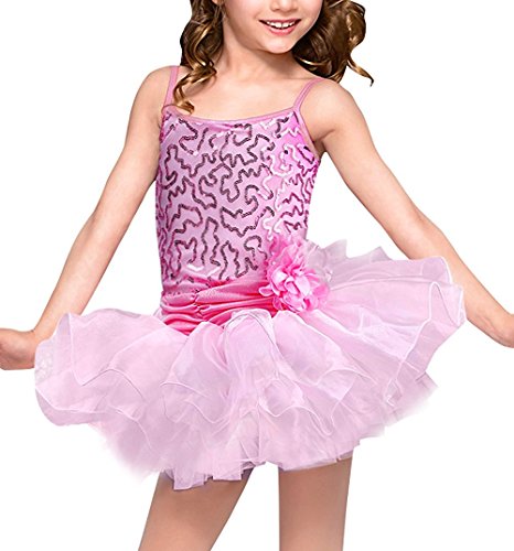 OBEEII Maillot Vestido de Ballet Leotardo Tutú Algodón con Lentejuelas Brillantes Ropa de Baile Gimnasia Infantil Princesa Danza Vestidos para Niña 5-6 Años Rosa