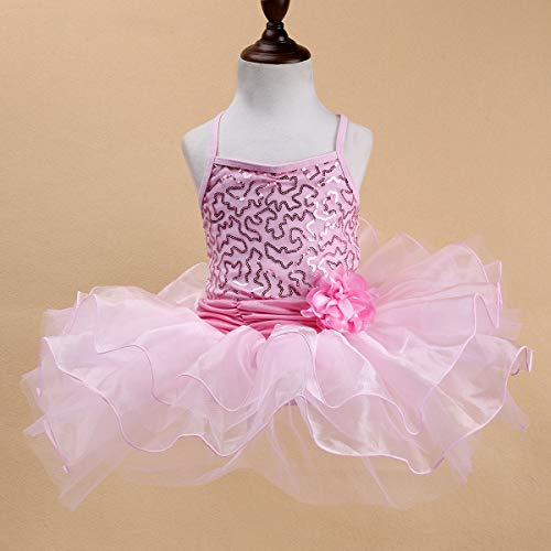 OBEEII Maillot Vestido de Ballet Leotardo Tutú Algodón con Lentejuelas Brillantes Ropa de Baile Gimnasia Infantil Princesa Danza Vestidos para Niña 5-6 Años Rosa