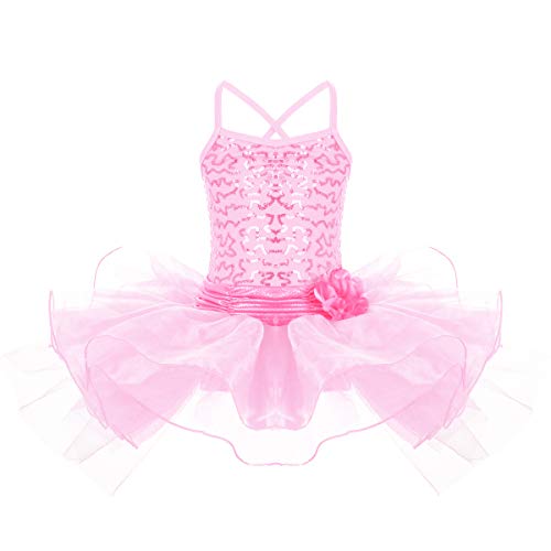 OBEEII Maillot Vestido de Ballet Leotardo Tutú Algodón con Lentejuelas Brillantes Ropa de Baile Gimnasia Infantil Princesa Danza Vestidos para Niña 5-6 Años Rosa