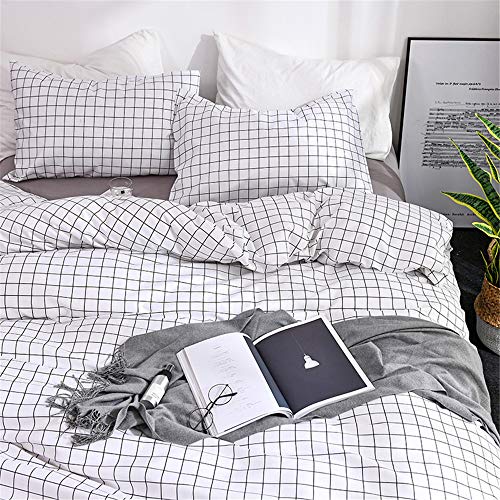 Odot Juego De Ropa De Cama con Funda De Edredón, Anti-Ácaro Microfibra Cremallera Funda Nórdica Funda De Almohada, Rayas Geométricas De Celosía (Cuadros Blancos,Cama 90cm 150x200cm (2pc))