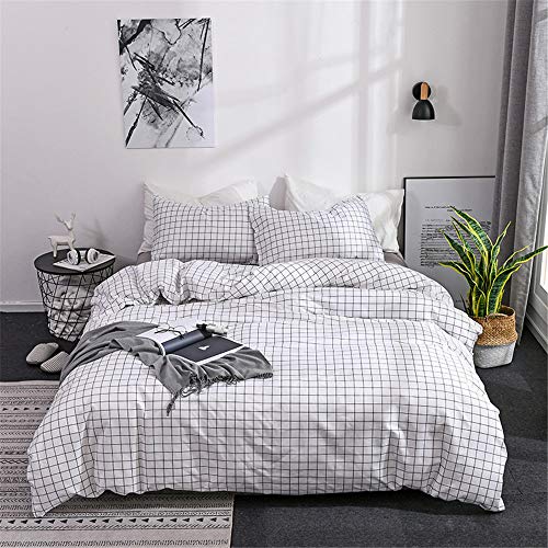 Odot Juego De Ropa De Cama con Funda De Edredón, Anti-Ácaro Microfibra Cremallera Funda Nórdica Funda De Almohada, Rayas Geométricas De Celosía (Cuadros Blancos,Cama 90cm 150x200cm (2pc))