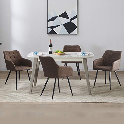 OFCASA Pack 2 Sillas de Comedor Tapizadas en Piel sintética Silla de cocina con Reposabrazos Sillón Modernas para Sala de Estar, Patas de Metal, Marrón