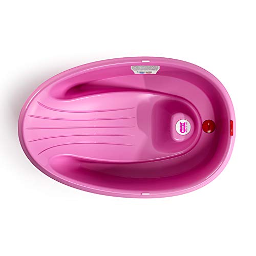 OKBABY Bañera Onda Baby - Base Antideslizante, con Termómetro Digital de Cristal Líquido Incorporado - Soporte Trasero en Ángulo - Se Adapta al Inerior de la Bañera o la Ducha - Fucsia