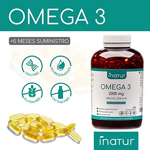 Omega 3 2.000 mg – 200 perlas | Inatur | Alta Concentración | 35% EPA (350 mg) y 25% DHA (250 mg) | Suministro para 7 meses | Vitamina E Natural | Salud cardiovascular