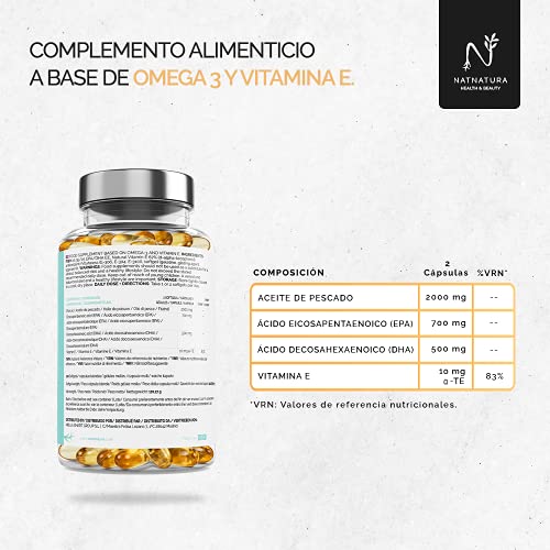 Omega 3 máxima concentración EPA – DHA. Ácidos grasos Omega 3 (2000 mg) + Vitamina E a base de aceite de pescado salvaje. 120 perlas blandas