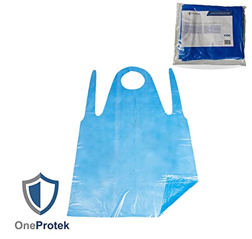 OneProtek - 100 Delantals desechables de polietileno (PE), De alta calidad y impermeable, 25 micron y tamaño único (119 cm x 70 cm) – Azul (100 Delantals en Liasse)