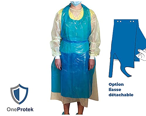 OneProtek - 100 Delantals desechables de polietileno (PE), De alta calidad y impermeable, 25 micron y tamaño único (119 cm x 70 cm) – Azul (100 Delantals en Liasse)