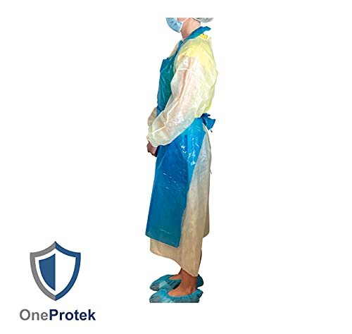 OneProtek - 100 Delantals desechables de polietileno (PE), De alta calidad y impermeable, 25 micron y tamaño único (119 cm x 70 cm) – Azul (100 Delantals en Liasse)