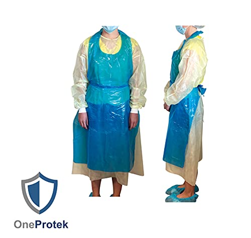 OneProtek - 100 Delantals desechables de polietileno (PE), De alta calidad y impermeable, 25 micron y tamaño único (119 cm x 70 cm) – Azul (100 Delantals en Liasse)