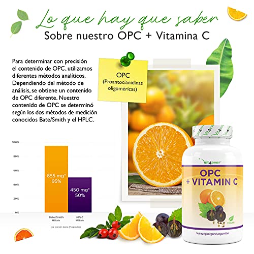 OPC Extracto de Semillas de Uva + Vitamina C - 1050 mg por dosis diaria (2 cápsulas) - OPC de uvas europeas probado en laboratorio - Dosis alta - Vegano