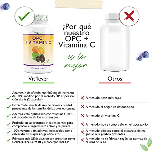 OPC Extracto de Semillas de Uva + Vitamina C - 1050 mg por dosis diaria (2 cápsulas) - OPC de uvas europeas probado en laboratorio - Dosis alta - Vegano