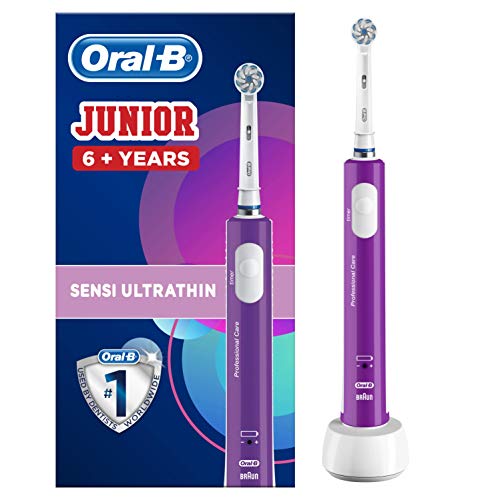 Oral-B Junior Cepillo de Dientes Eléctrico con Mango Recargable, Tecnología Braun y 1 Cabezal de Recambio, Apto para Niños Mayores de 6 años - Morado