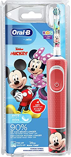 Oral-B Kids Mickey - Cepillo de dientes eléctrico para niños a partir de 3 años, 2 modos de cepillado para el cuidado dental, cerdas extra suaves, 4 pegatinas, color rojo