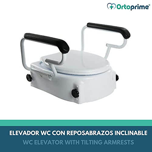 OrtoPrime Elevador WC Inclinable con Reposabrazos Abatibles - Altura Regulable 5, 10 y 15 Centímetros - Alza wc con Tapa - Alzador de Inodoro Portátil