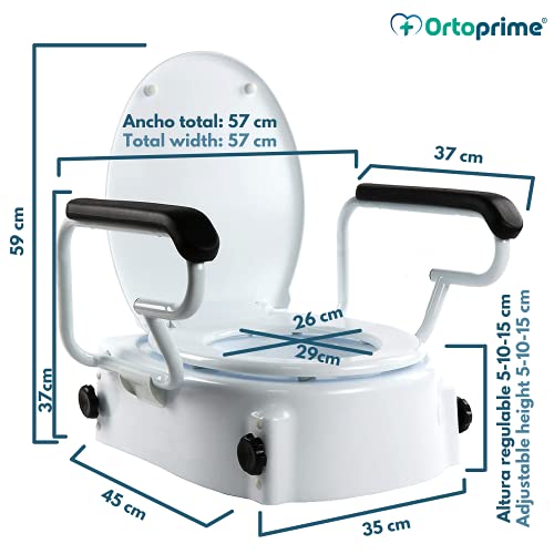 OrtoPrime Elevador WC Inclinable con Reposabrazos Abatibles - Altura Regulable 5, 10 y 15 Centímetros - Alza wc con Tapa - Alzador de Inodoro Portátil