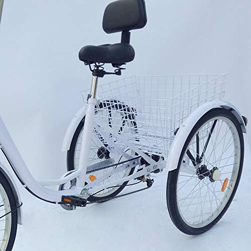 OUBAYLEW Triciclo para adulto de 24 pulgadas, 3 ruedas, 6 velocidades, para adulto, biciclo triciclo, cruise con zapatilla, color blanco