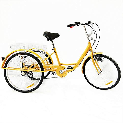 OUKANING Bicicleta de 24 Pulgadas y 3 Ruedas,Triciclo para Adultos,Triciclo de Bicicleta Amarillo de 6 velocidades con Cesta de Aluminio para Adultos,Bicicleta cómoda para Exteriores (Sin luz)