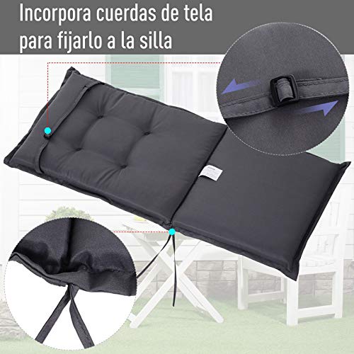 Outsunny Cojín de 2 Piezas para Tumbona de Exterior Colchoneta para Sillas de Jardín Acolchado Cómoda con Cuerda de Fijación Lavable a Mano Poliéster Esponja 120x50x6 cm Gris