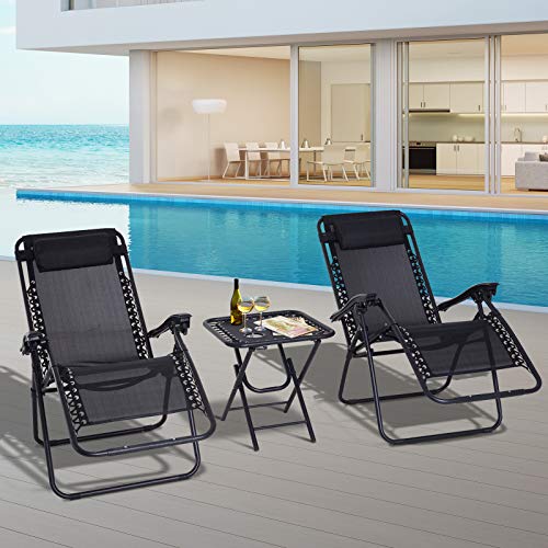 Outsunny Conjunto de 1 Mesa y 2 Tumbonas Set Exteriores Plegable y Portátil para Jardín Playa Relajante con Respaldo Reclinable Textilene Acero Negro