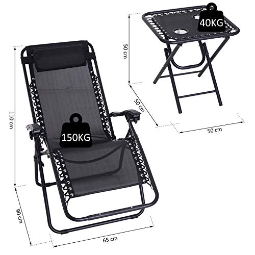 Outsunny Conjunto de 1 Mesa y 2 Tumbonas Set Exteriores Plegable y Portátil para Jardín Playa Relajante con Respaldo Reclinable Textilene Acero Negro