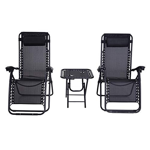 Outsunny Conjunto de 1 Mesa y 2 Tumbonas Set Exteriores Plegable y Portátil para Jardín Playa Relajante con Respaldo Reclinable Textilene Acero Negro