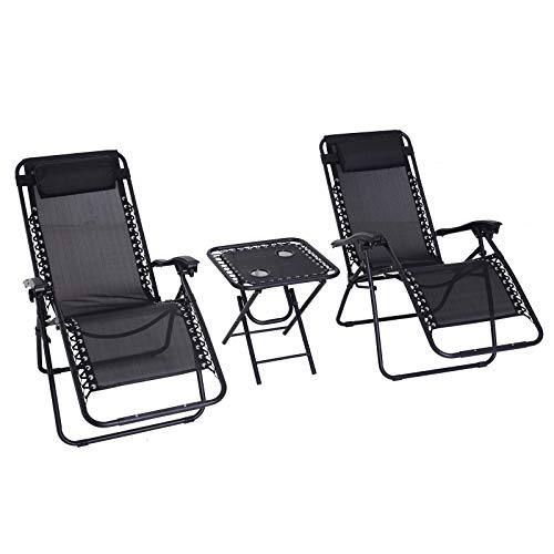 Outsunny Conjunto de 1 Mesa y 2 Tumbonas Set Exteriores Plegable y Portátil para Jardín Playa Relajante con Respaldo Reclinable Textilene Acero Negro