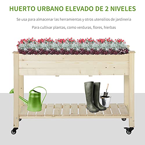 Outsunny Huerto Urbano Mesa de Cultivo 118x55x83 cm Elevado de Madera con Estante Tela Geotextil Ruedas con Frenos Portátil para Cultivo en Jardín Terraza Color Natural