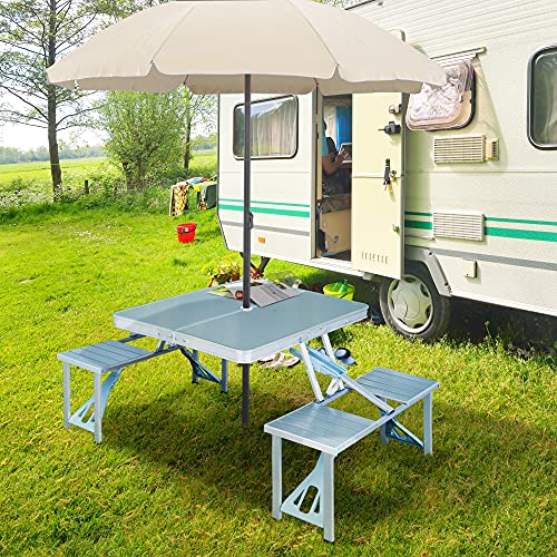 Outsunny Mesa Maleta de Camping Plegable Portátil con 4 Asientos y Agujero para Sombrilla Estructura de Aluminio para Playa Picnic 136x85,5x66 cm Plata