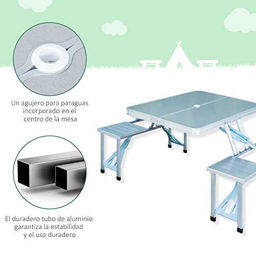 Outsunny Mesa Maleta de Camping Plegable Portátil con 4 Asientos y Agujero para Sombrilla Estructura de Aluminio para Playa Picnic 136x85,5x66 cm Plata