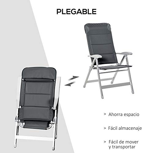 Outsunny Silla de Jardín Plegable de Aluminio con Respaldo Alto Ajustable en 7 Posiciones y Reposacabezas Acolchado para Exterior 75x61,5x114,5 cm Gris