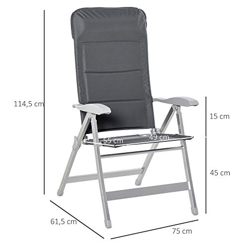 Outsunny Silla de Jardín Plegable de Aluminio con Respaldo Alto Ajustable en 7 Posiciones y Reposacabezas Acolchado para Exterior 75x61,5x114,5 cm Gris