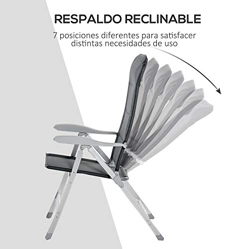 Outsunny Silla de Jardín Plegable de Aluminio con Respaldo Alto Ajustable en 7 Posiciones y Reposacabezas Acolchado para Exterior 75x61,5x114,5 cm Gris