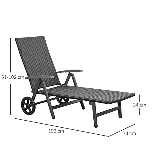 Outsunny Tumbona de Jardín de Ratán 192x74x55 cm con Respaldo Reclinable en 7 Posiciones Reposabrazos y Ruedas Marco de Aluminio para Patio Terraza Balcón Negro