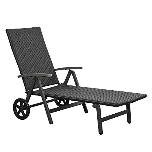 Outsunny Tumbona de Jardín de Ratán 192x74x55 cm con Respaldo Reclinable en 7 Posiciones Reposabrazos y Ruedas Marco de Aluminio para Patio Terraza Balcón Negro