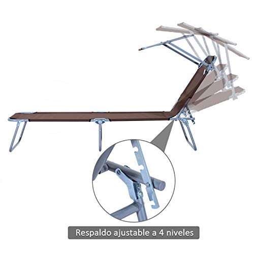 Outsunny Tumbona Hamaca Plegable con Parasol Inclinable Playa Piscina 187x58x27 cm Acero Marrón