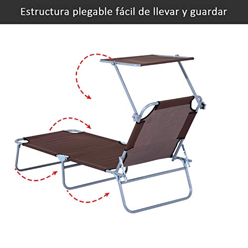 Outsunny Tumbona Hamaca Plegable con Parasol Inclinable Playa Piscina 187x58x27 cm Acero Marrón