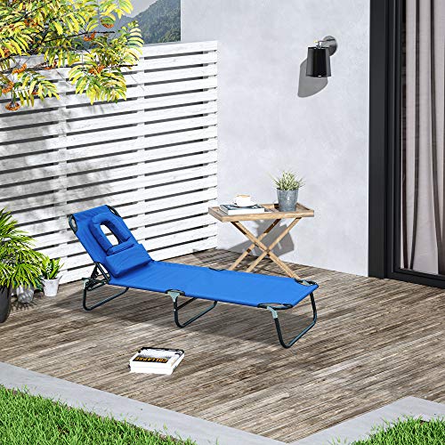 Outsunny Tumbona Reclinable y Plegable Hamaca Masaje con Almohada para Camping Leer Playa Jardín Terraza Carga 120kg 190x56x28cm Tela Oxford Azul