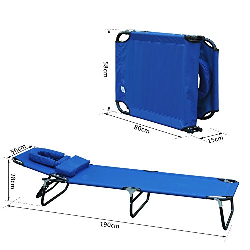 Outsunny Tumbona Reclinable y Plegable Hamaca Masaje con Almohada para Camping Leer Playa Jardín Terraza Carga 120kg 190x56x28cm Tela Oxford Azul