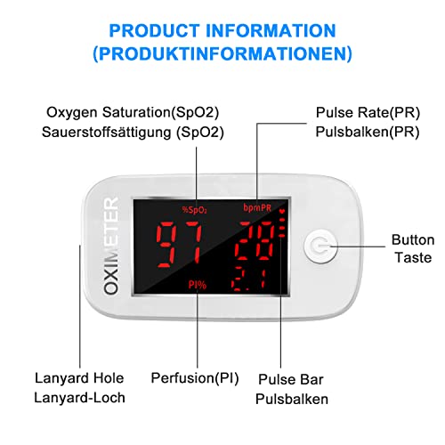 Oxímetro de pulso de dedo con pantalla LED, monitor de frecuencia cardíaca para el hogar y los deportes,monitor de saturación de oxígeno para adultos y niños （Blanco）