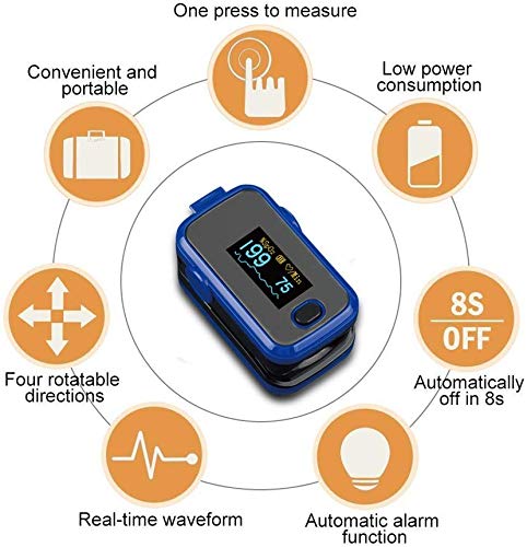 Oxímetro de pulso en la punta de los dedos SpO2 función de alarma para baja saturación de oxígeno en sangre, pulsómetro, monitor de frecuencia cardíaca, pantalla OLED, bolsa de transporte y cordón